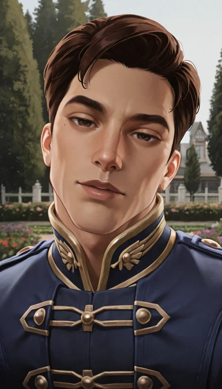 masterpiece,best quality,absurdres,newest,perfect quality,best quality,absolutely eye-catching,detailed background,intricate details,male focus,solo,<lora:Fable 3 - Hero - Illustrious-000006:0.8>,f3hero,1boy,hort hair,brown hair,brown eyes,regal blue coat,short coat,head tilt,seductive look,outdoors,garden,portrait,