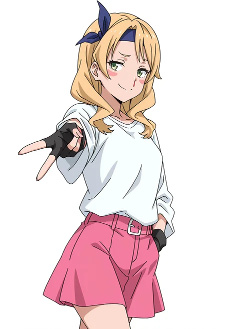 Smooth Quality,masterpiece,very intricate, high quality details, ultra realistic, high detailed skin,detailed enviorement,absurdres,
simple background, white background,solo,
walking, one hand in pocket, looking aside, casual, confident, ,gyaru v,smug,nosebleed, <lora:Eren_cnn:0.8> erencnn, 1girl,long hair, blonde hair, green eyes, headband, blush stickers,pink skirt, fingerless gloves,bow,
