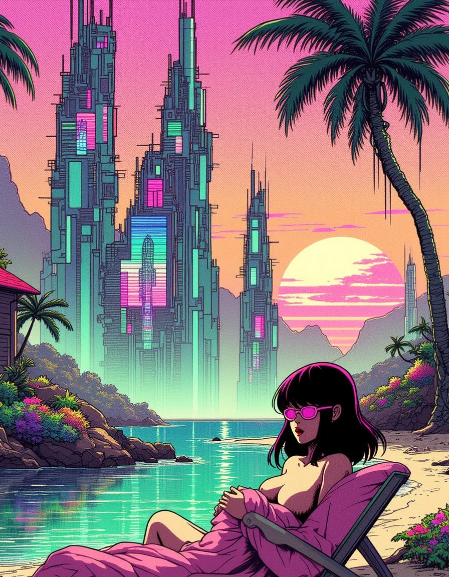 A glitch artwork in retro style about a young woman with black hair and pink glasses lying on a deck chair at the beach. She wears a pink bikini, showing her perfect body and large breasts. In the background is a vaporwave city with gigantic buildings, glass skyscrapers and futuristic metal structures. It is in a tropical climate with palm trees and colorful vegetation. The sun is setting over the ocean, creating a pinkish orange sky and beautiful water reflections. The artwork has chromatic aberration, glitches, artifacts, VHS filter and heavy film grain.