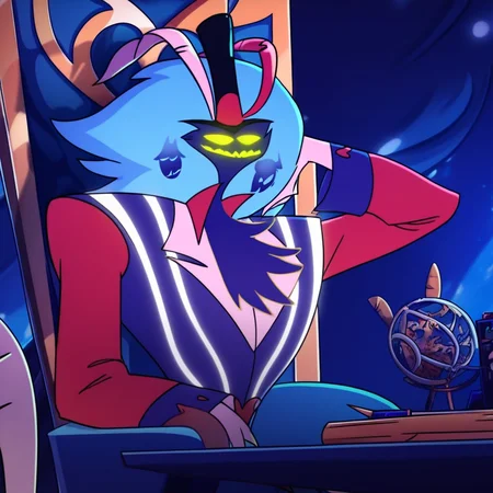 score_9_up, score_8_up, score_7_up, high quality, detailed, male, solo male, Asmodeus, 1boy, mature male, anthro, demon, purple body, yellow eyes, glowing eyes, helluva boss, broad shoulders, light blue hair, muscular male, looking at viewer, smiling, indoors, office, sitting in chair, sitting on throne, blue suit, red sleeves, top hat