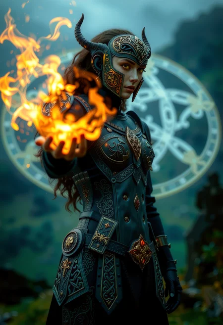 In a futuristic Irish landscape, a mythpunk warrior, a fusion of ancient Celtic traditions and futuristic technology, stands tall. The warrior, a Celticpunk visionary, wears a unique exosuit, its design inspired by ancient Celtic armor. The exosuit's intricate patterns and engravings, reminiscent of Celtic knotwork and mythical creatures, create a distinctive Celtic aesthetic. As the warrior casts a spell, their eyes glowing with mystical energy, they harness the power of ancient lore. The exosuit, with its advanced technology, enhances their abilities, allowing them to channel the ancient ways in this futuristic world. This scene, with its imaginative setting and the warrior's unique blend of magic and technology, leaves viewers enthralled by the fusion of Celtic heritage and futuristic innovation, inviting them to explore the possibilities of a mythpunk future. <lora:Facial_Scarring_Flux.safetensors:0.6>, <lora:flux/Realism 2.safetensors:1.0>,
