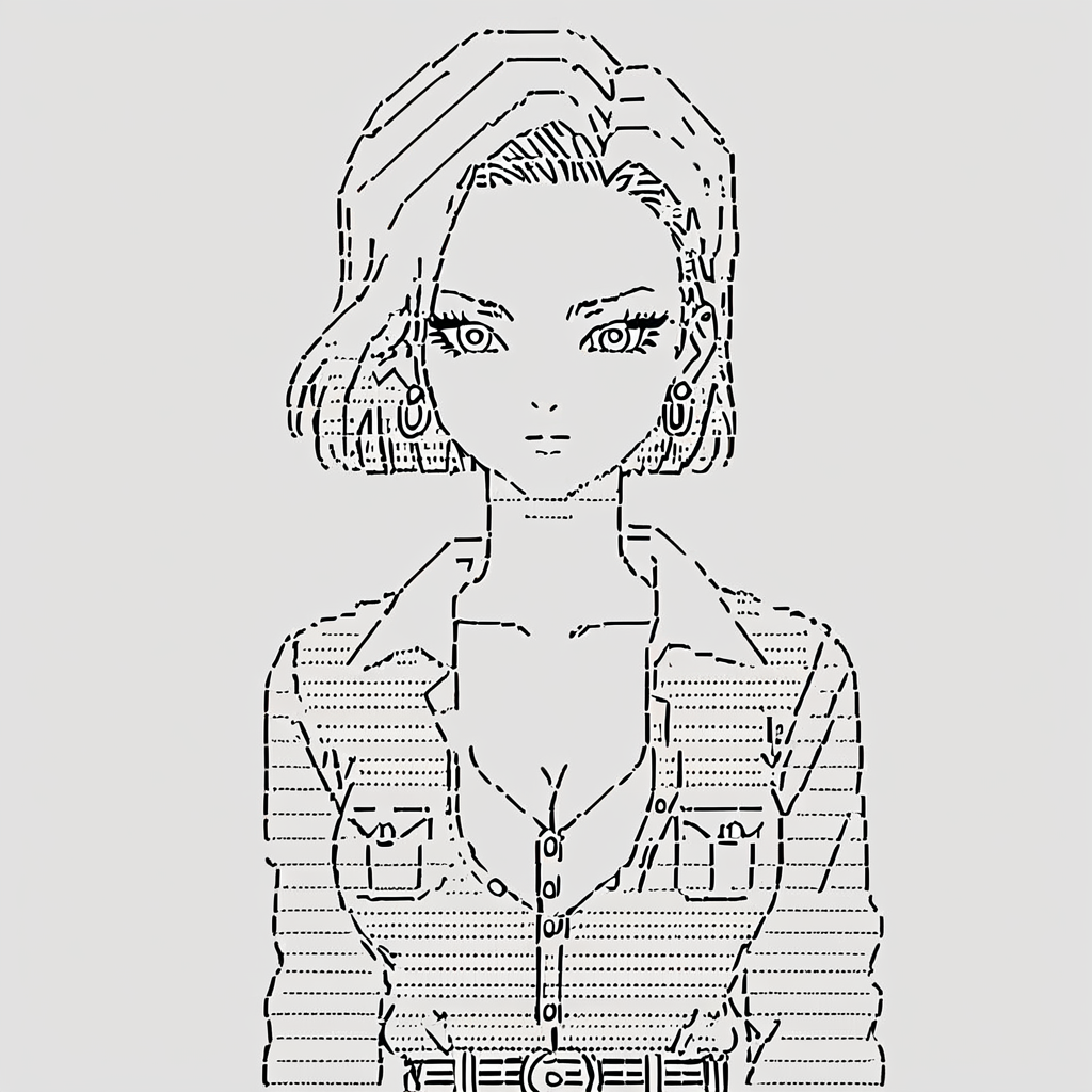 score_9, score_8_up, score_7_up, score_6_up, score_5_up, score_4_up,  <lora:android-18-ponyxl-lora-nochekaiser:0.8> ,android 18, eyelashes, hoop earrings, short hair, earrings, belt, legwear, shirt, breast pocket, cleavage, collarbone, jewelry, long sleeves, pocket, shirt, shirt tucked in, 1girl, <lora:ascii_character:0.8>,  ascii_art_style, monochrome, greyscale, masterpiece, highres, white background, simple background
