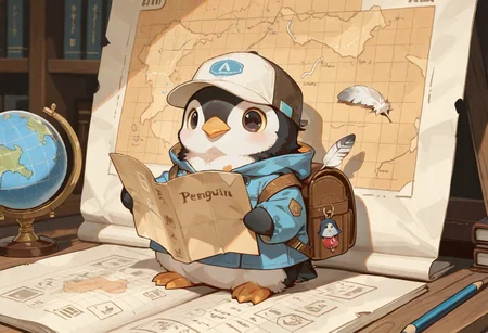 masterpiece, newest, absurdres, incredibly absurdres, best quality, amazing quality, very aesthetic, newest, no lineart, no outline, no humans, animal, A full-body portrait of a cute baby penguin dressed as a little traveler, with fluffy feathers and big round eyes, wearing a miniature hooded cloak and a small explorer's cap. The penguin is holding a large map almost as big as itself, and has a tiny backpack filled with rolled-up maps, pencils, and other exploration tools. A tiny globe-shaped charm dangles from the map. The penguin stands on a rocky surface with a curious and determined expression, ready for an adventure,
depth of field, usnr, S4bit4mago_illu