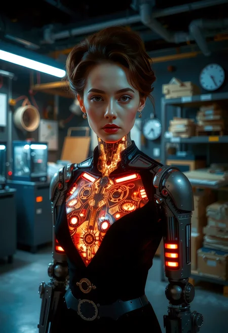 (professional model android) with young irish woman face, wearing Neo-gothic Victorian-inspired-suit, cybernetic Holographic tattoos emitting radiant etchings into neck tissue that display  functions and shimmering PCB landscapes augments, Titanium alloy bionic prosthetics with brushed metal texture, mechanical gears visible under transparent casing, gunmetal gray color mechanical_arms, legs, arms and mechanical_legs, set in Prototype Room, Innovative space with 3D printers, CNC machines, laser cutters, raw material storage racks, drafting tables, and prototype displays showcasing ongoing projects , at night .  <lora:Sinfully_Stylish_1.0_Flux:0.8> sinfully stylish, dramatic light, soft light, long shadows <lora:fantasy_portrait_by_cosmic:0.8>,  <lora:style_of_Gerry_Anderson_FLUX_315:1>, style of Gerry Anderson,âââ