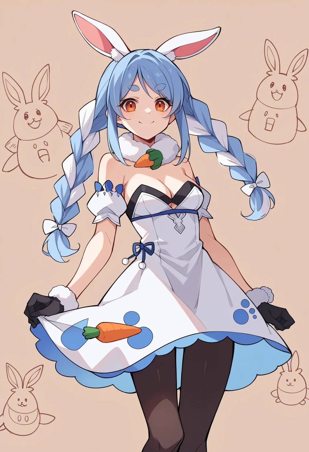 score_9, score_8_up,score_7_up, source_ anime, lineart, sketch,PekoraBase, smiling, holding carrot, orange eyes, thick eyebrows, rabbit ears, two-tone hair, blue hair, white hair, long hair, twin braids, hair ornament, fur collar, white dress, fur-trimmed dress, bare shoulders, black leotard, strapless, cleavage, detached sleeves, puffy short sleeves, black gloves, black pantyhose,
<lora:Potat-lineart_sketch_v1-USENEG:-0.9> <lora:ChamUsadaPekoraPonyXL:0.8>