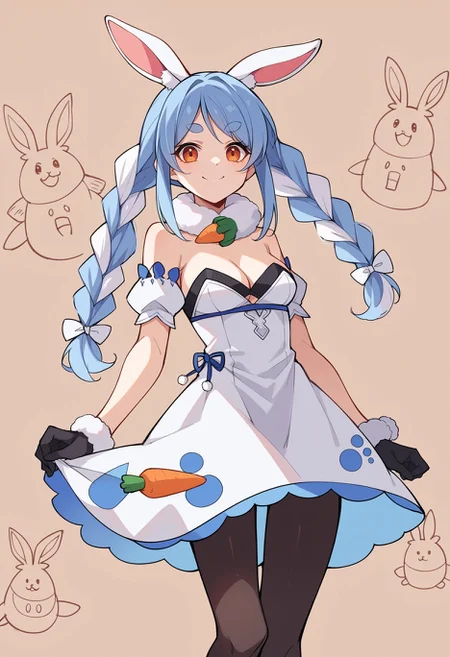 score_9, score_8_up,score_7_up, source_ anime, lineart, sketch,PekoraBase, smiling, holding carrot, orange eyes, thick eyebrows, rabbit ears, two-tone hair, blue hair, white hair, long hair, twin braids, hair ornament, fur collar, white dress, fur-trimmed dress, bare shoulders, black leotard, strapless, cleavage, detached sleeves, puffy short sleeves, black gloves, black pantyhose,
<lora:Potat-lineart_sketch_v1-USENEG:-0.9> <lora:ChamUsadaPekoraPonyXL:0.8>