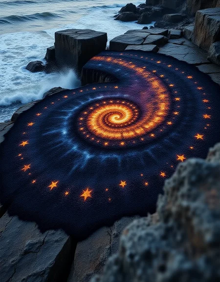 A massive burned patch in the form of a swirling cosmic spiral covers the jagged rocks of a seaside cliff. The spiral features thousands of tiny burned stars, each varying in size, radiating out from a dense, blackened core. The edges of the spiral flicker with faint, otherworldly hues of blue and purple, as though it were imbued with celestial energy. Waves crash against the cliffs, sending salty spray into the air, which sparkles in the eerie light of the burned design.
<lora:ral-brndptch_000002000:1>