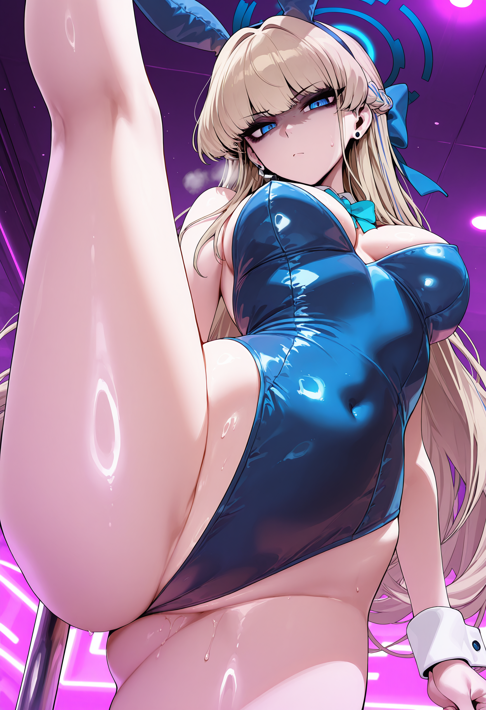 1girl, solo, toki \(blue archive\), toki \(bunny\) \(blue archive\), blue archive, playboy bunny, shiny skin, skinny, glaring, black eyeshadow, looking at viewer, from below, one leg up, stripper pole, nightclub, indoors, j.k., marushin \(denwa0214\), kittew,
masterpiece, best quality, amazing quality, absurdres <lora:Illustrious_Glossy_Skin_V2:1>