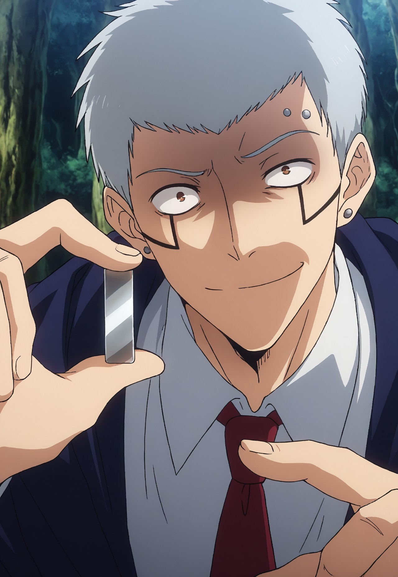 masterpiece, best quality, amazing quality, very aesthetic, absurdres, newest, detailed background, 1r0n, 1boy, solo, grey hair, brown eyes, multiple piercings, facial tattoo, blue robe, collared shirt, necktie, smile, uneven eyes, steel ingot, (looking at object:1.2), shaded face, forest, close-up, from above