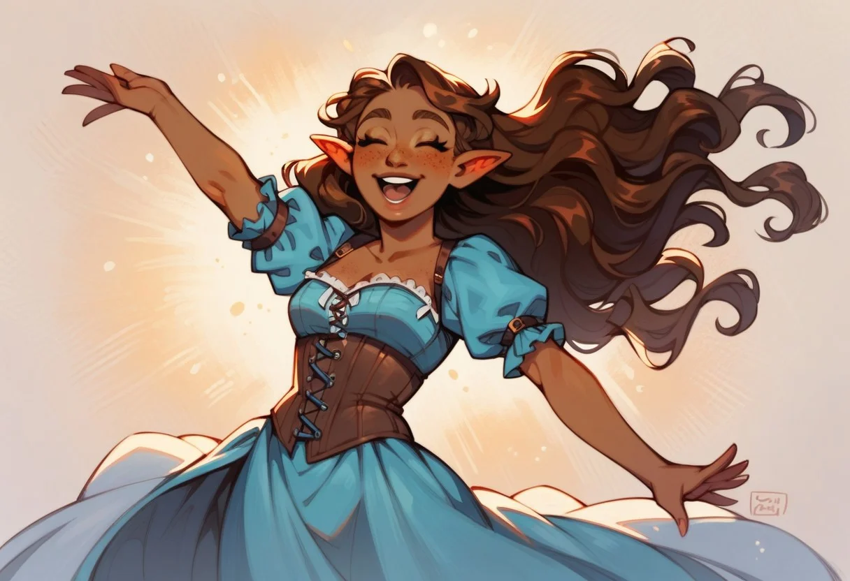 score_9, score_8_up, score_7_up, HD, female focus, solo, girl,very short girl, dancing, pointed ears ((chubby ears)),(high detail of the face), tan skin, brown hair,cwavy hair, long hair,brown eyebrows, freckles, (big lips:0.6), cute face, blush, Halfling, medieval rowed tavern,standing,dancing,happy, fantasy setting, ,holding,low height, corset,long dress, light-blue dress
BREAK
score_9, score_8_up, score_7_up,