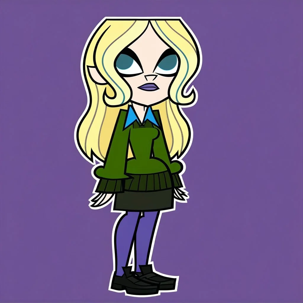 Dawn_(\Total_Drama\), purple lips, cyan under clothing, white skin, black eyebrows, dark turquoise eyes, dark green sweater, lipstick, blonde hair, cute, tdroti, small eyebags, black skirt, black shoes, total drama, dark purple pantyhose, 1girl, pointy nose
