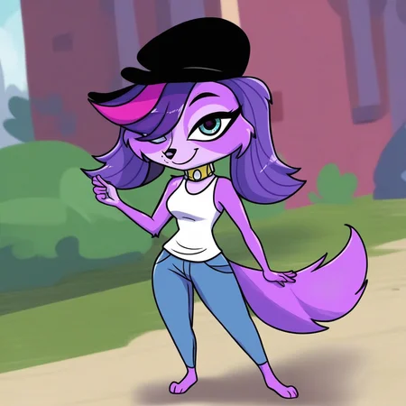 score_9, score_8_up, score_7_up, score_6_up, score_5_up, score_4_up, <lora:Zoe_Trent:1>, anthro, furry, female, dog, dog girl, Zoe trent, light violet fur color, two-tone fur color, purple hair, multicolor hair, short hair, right eye covered with hair, bangs, blue eyes, gold collar with blue gems, body fur, tail, fluffy tail, black berrett hat, 1girl, solo, white Tank shirt, jeans shorts, pose, smile, looking at viewer, outdoors