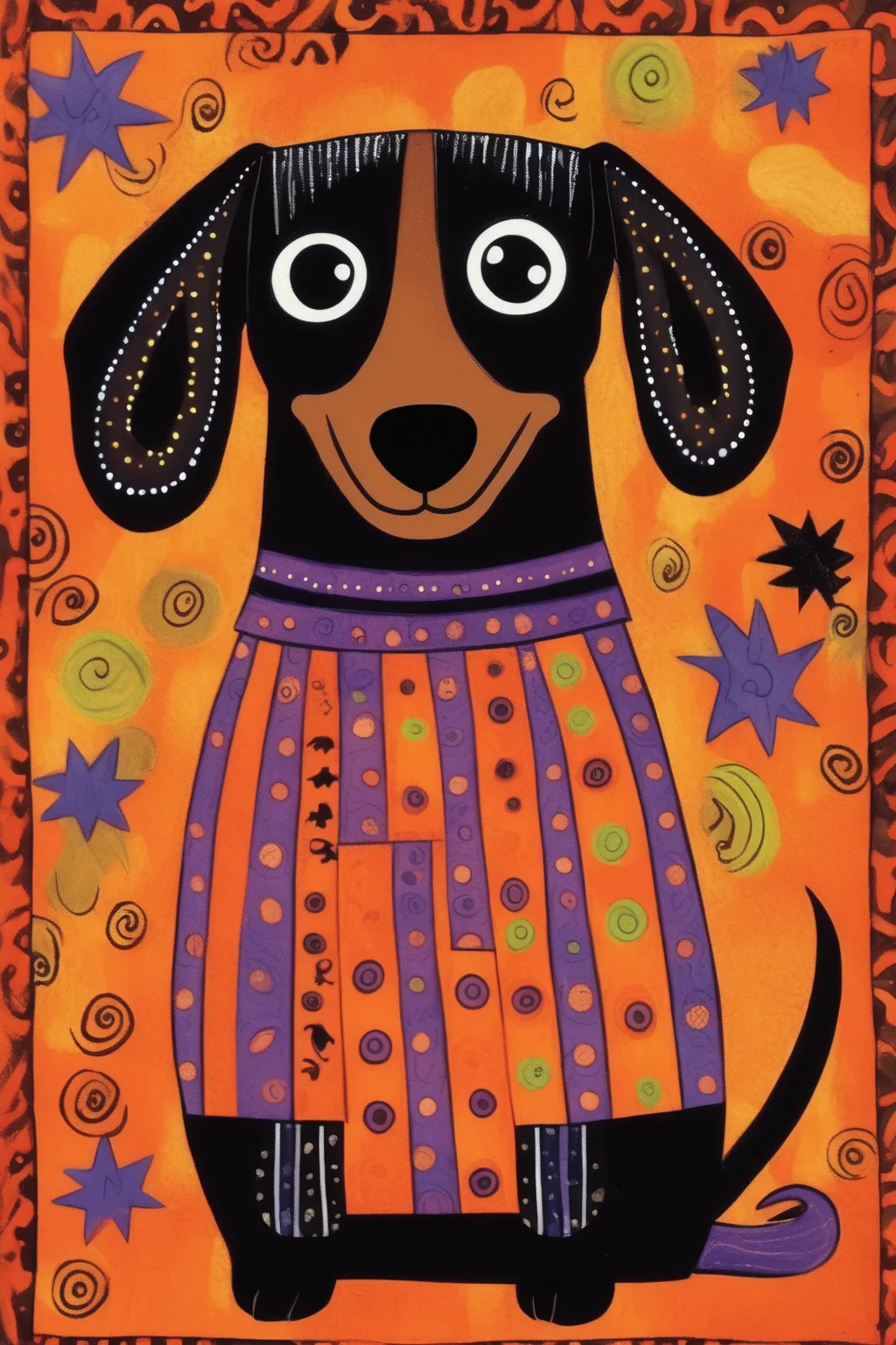 <lora:Laurel Burch Style:1>Laurel Burch Style - Laurel Burch, trick or treat, Halloween, dachshund dog, simple design, cute, whimsical, contrasting boho shirt design