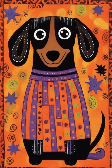 <lora:Laurel Burch Style:1>Laurel Burch Style - Laurel Burch, trick or treat, Halloween, dachshund dog, simple design, cute, whimsical, contrasting boho shirt design