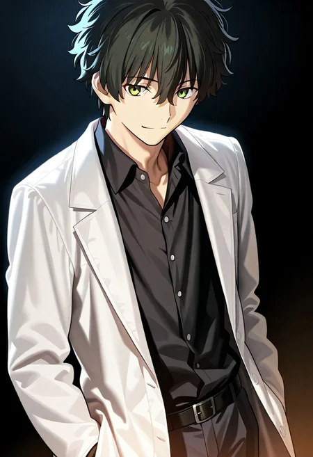 ((masterpiece, best quality, amazing quality, very aesthetic, absurdres)),
Takeuchi takashi, ((solo)), ((detailed eyes)), calm, smile, closed mouth, 1boy, solo, peaceful, closed mouth,(((oreki_houtarou))), (((black hair, black hair, yellow eyes))), ((short hair, hair between eyes)), ((white labcoat, open labcoat, black shirt, collared shirt, black slacks))), no background, dark background, cowboy shot, dark background, portrait, looking at viewer