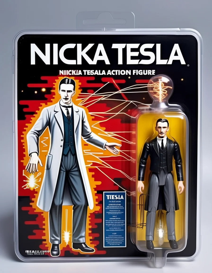Nikola Tesla action figure, realistically detailed, housed in a clear plastic box. The packaging is decorated with Tesla's inventions, like the Tesla coil, and diagrams of electrical circuits, celebrating his legacy in electrical engineering,<lora:gonza_v2:0.7>