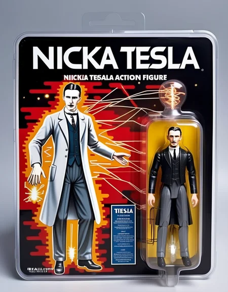 Nikola Tesla action figure, realistically detailed, housed in a clear plastic box. The packaging is decorated with Tesla's inventions, like the Tesla coil, and diagrams of electrical circuits, celebrating his legacy in electrical engineering,<lora:gonza_v2:0.7>