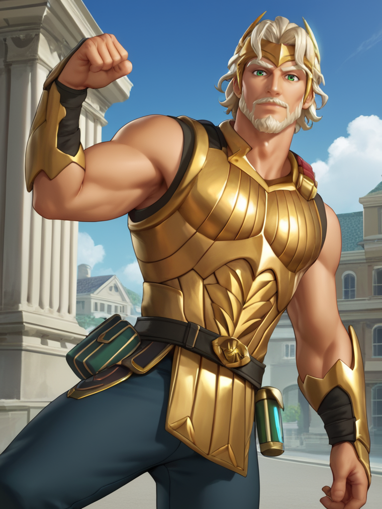 score_9, score_8_up, score_7_up, score_6_up, score_5_up, score_4_up, source_anime , rating_explicit
   city, street, dinamic pose,   <lora:add-detail-xl:1> <lora:Zeus_pony:0.6> 1boy, male focus, light smile, mature male, white hair, green eyes, hair face, beard,mustache, muscular,  olympus, bara,  clouds,  pants, golden armor, looking at viewer,