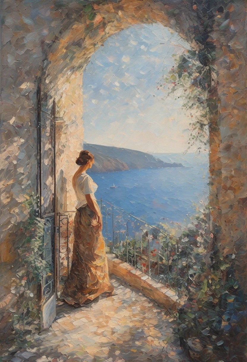 ArsMJStyle, Impressionism, bold brushstrokes, visible brushstrokes, style of Camille Pissaro, masterpiece, best quality, highly detailed, vibrant, figure painting with landscape, scene of a woman standing in a archway overlooking the Aegean sea, the scene takes place in an old building on a cliff overlooking the Aegean, the building is made of white stone, the archway is old with miss and ivy above it, rosemary bushes, 1woman, aged_up, brown hair, slightly wavy hair, dark complexion, yellow summer dress, spaghetti straps, straw hat, sandals, standing, leaning against archway, looking at vast Aegean sea, thinking, stone wall, vast sea, courtyard of building, natural beauty, hazy, mid-morning sun, vibrant, view from behind, dynamic angle, dynamic pose