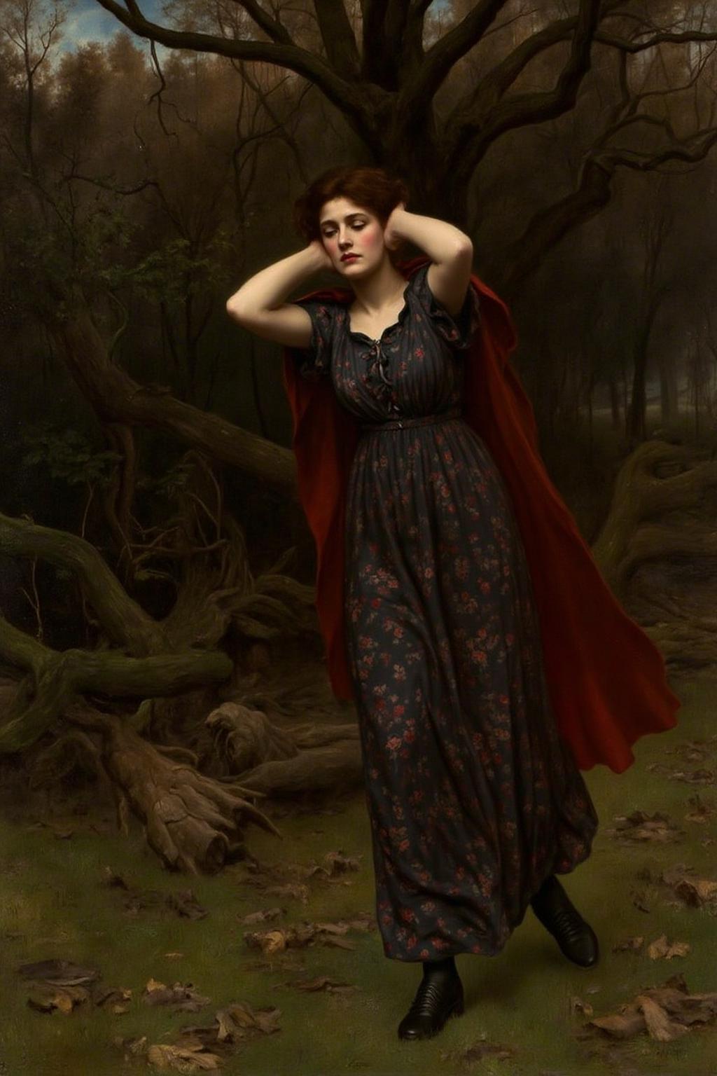 johncollier1 painting.
A woman walks in a forest, wearing a dark dress with a floral pattern and a red cape. She walks with her hands over her ears. <lora:johncollier1_cap_d8a4e12:1.0><lora:850614493670024871:0>