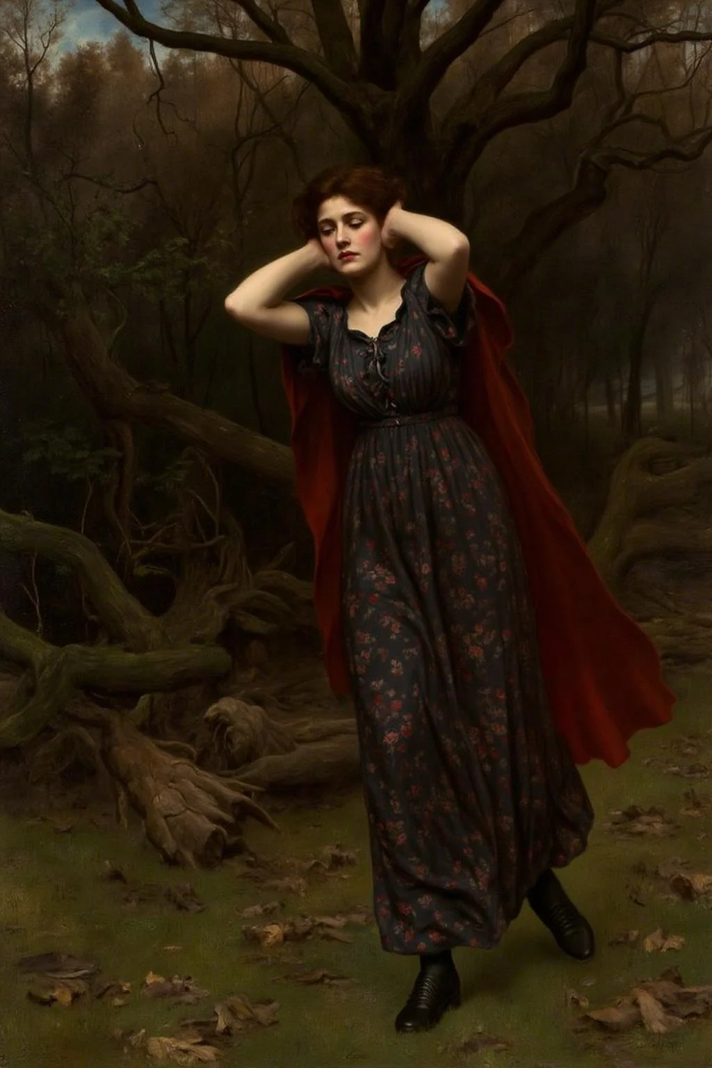 johncollier1 painting.
A woman walks in a forest, wearing a dark dress with a floral pattern and a red cape. She walks with her hands over her ears. <lora:johncollier1_cap_d8a4e12:1.0><lora:850614493670024871:0>