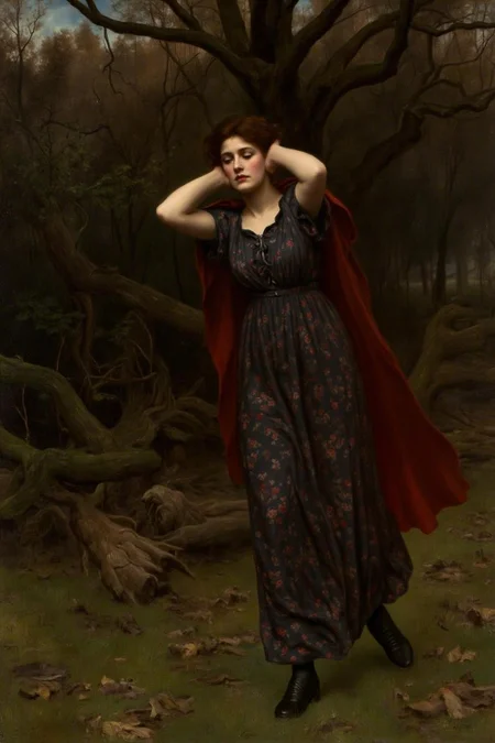 johncollier1 painting.
A woman walks in a forest, wearing a dark dress with a floral pattern and a red cape. She walks with her hands over her ears. <lora:johncollier1_cap_d8a4e12:1.0><lora:850614493670024871:0>