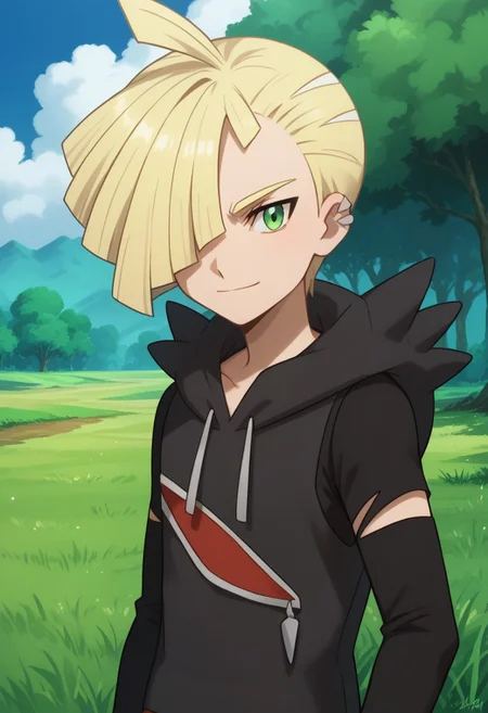 score_9, score_8_up, score_7_up, source_anime, highly detailed,
gladion, 1boy, male focus, solo, blonde hair, green eyes, hair over one eye,
closed mouth, smile, hoodie, hood, piercing, ear piercing, torn clothes,
upper body, ahoge, long sleeves, short hair, hood down,
outdoor, grass, trees, day,