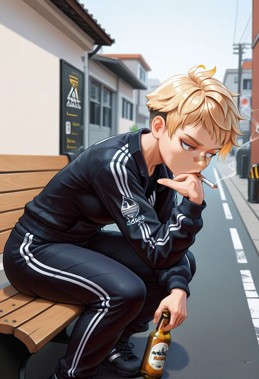 masterpiece, high quality, th1nk3r, 1girl, solo, cowboy shot, head rest, leaning forward, street, tomboy, patch on nose, very short hair, blonde hair, adidas, black sports outfit, cigarette, beer bottle, squatting, bench, long sleeves, pants,