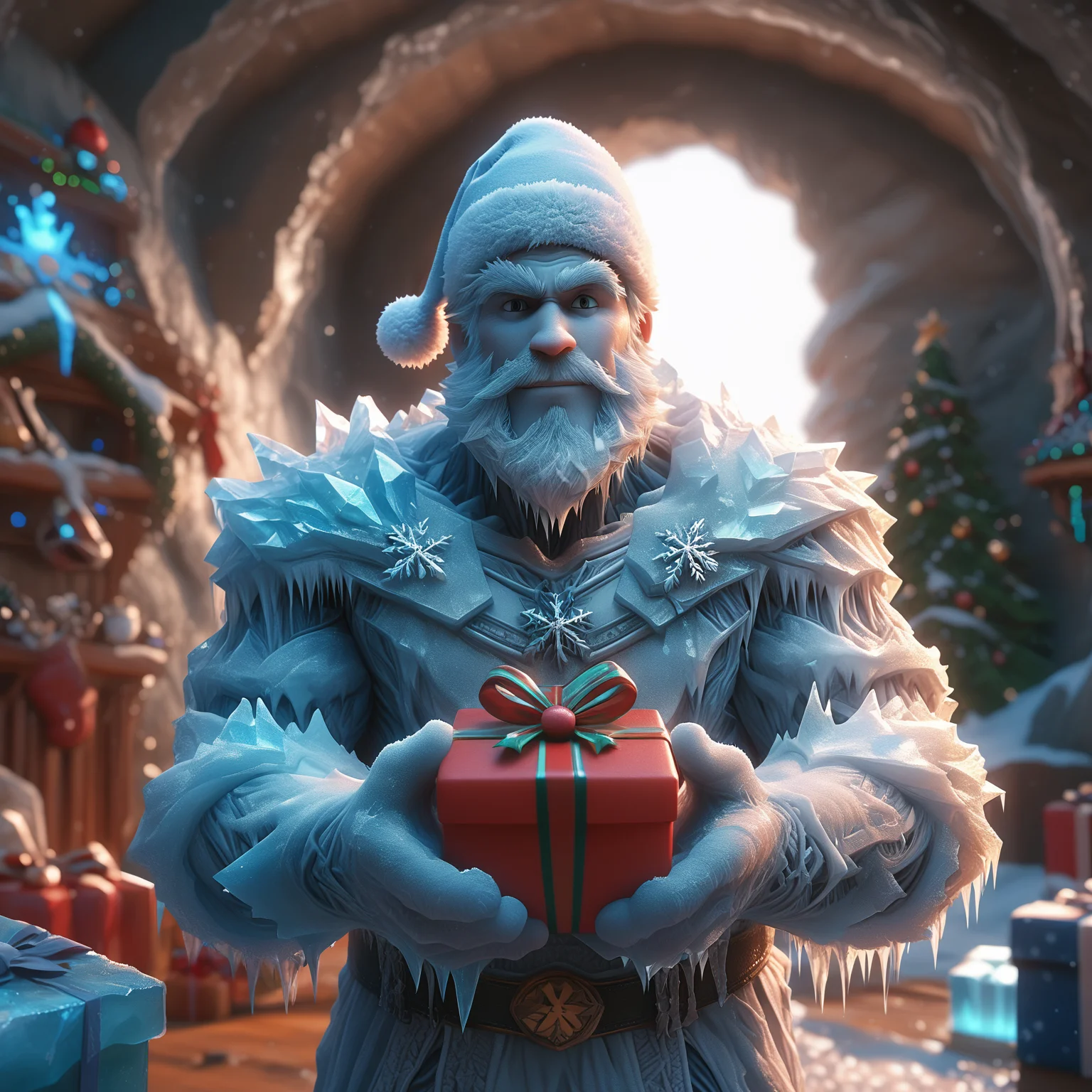 (rating_safe:1.2), score_9, score_8_up, score_7_up, fr0stwrld, snow, ice <lora:Fr0stWrld-000010:1.0> BREAK
human, male, santa hat, santa costume, big beard, white beard, looking at viewer, happy, smile, holding gift, gift box, inside, cave