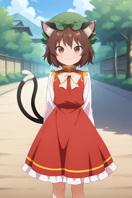 absurdres, highres, masterpiece, best quality, amazing quality, official anime artwork, screencap, anime screencap, outdoors, looking at viewer, light smile,
<lora:Chen_Illustrious:1> chen, 1girl, solo, brown hair, short hair, brown eyes, cat tail, two tails, cat ears,, mob cap, green hat, single earring, red dress,