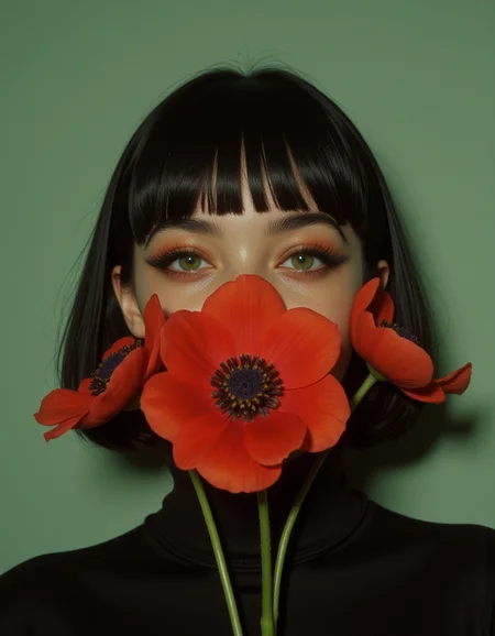 cinematic light, dramatic light, shallow depth of field, high budget, bokeh, cinemascope,A high-fashion portrait photograph of a young woman with a precise black bob haircut and straight bangs, captured in a studio setting against a muted sage green background. The subject's face is beautifully lit with professional studio lighting, emphasizing her clear eyes, freckled skin, and serene expression. She wears a black high-necked garment and holds two vibrant red anemone flowers with dark centers near her face, creating a striking color contrast. The image employs shallow depth of field and central composition, characteristic of contemporary fashion photography.4k, intricate details, highly-detailed, hyper-realistic, 8k RAW Editorial Photo. film grain ISO 200 faded film, 35mm photo, grainy, vignette,
with rays of sunlight breaking through the hazy atmosphere. a masterpiece. mythp0rt,
An otherworldly atmosphere.
(Depth of field), low saturation, detail. mythical, stylish, charismatic. ,
, masterpiece, ,Image quality, , CPA,
UNI_SCI_FI_CORE.
with yellow rays of sunlight piercing through the misty atmosphere. masterpiece. An otherworldly atmosphere, Mysticism. mythp0rt, UNI_SCI_FI_CORE.
(Depth of field),detail. Stylish, charismatic.
Otherworldly atmosphere. aidmamj6.1
detail. mythp0rt, Stylish, charismatic.c.
<lora:Akasha_Queen_of_the_Damned_F1-GMR:1>
