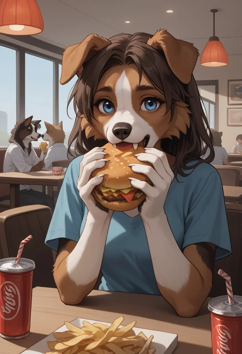 safe_pos, score_9, score_8_up, score_7_up, easynegative, anime style, 1girl, anthro border collie girl, long dark brown hair, blue eyes, light brown fur, floppy ears, medium breasts, white belly fur, long-sleeved shirt, in a restaurant, holding a burger, 1 burger, fries, soda, at a table, mouth open, eating, looking at viewer, from across the table, from front, people in background,