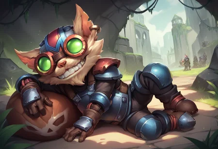 ,score_9, score_8_up, score_7_up, score_6_up,z1ggs, 1boy, male focus, yordle,armor, goggles, helmet, gloves, brown gloves, <lora:Ziggs_Default_v1:0.9>,on side