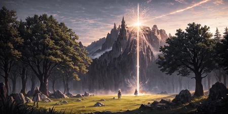 Masterpiece, best quality, 1girl, solo, (battle, large crowd), grassy plains, explosions, fire, medieval knights, swords, rocks, trees, bushes, magic spells, wide angle, lens flare, bloom, depth of field, godrays, atmospheric lighting, light shafts <lora:epiNoiseoffset_v2Pynoise:1> <lora:dmmidStyle_symmetrical:0.2>