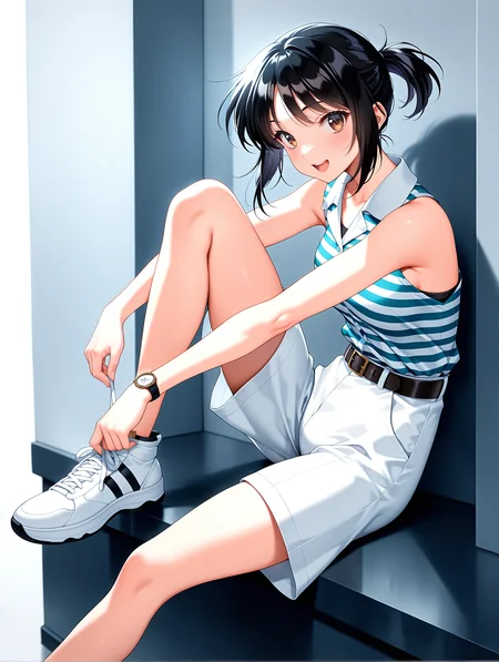 masterpiece,best quality,newest,
1girl,solo,
<lora:morii_kaho_ilxl_v1.0:1>,kaho,black hair,brown eyes,
<lora:Fixhands_anime_bdsqlsz_V1:1>,full body,sleeveless,shoes,knee up,striped,watch,shirt tucked in,belt,striped shirt,sneakers,white shorts,white footwear,from_side,looking_at_viewer,:d,