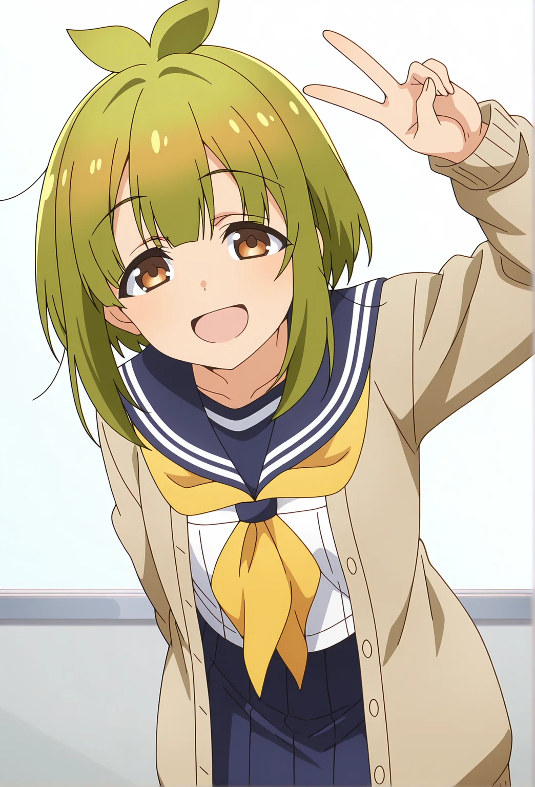 detailed background, official style,anime coloring, (anime screencap) masterpiece, detailed face,1girl <lora:Meme_Bashame_r2:0.8>Meme, school uniform, green hair, skirt, solo, brown eyes, serafuku, sailor collar, cardigan, smile, pleated skirt, looking at viewer, neckerchief, blue skirt, open mouth, white background, open cardigan, white shirt, shirt, v, long sleeves, open clothes, arm up, bangs, :d