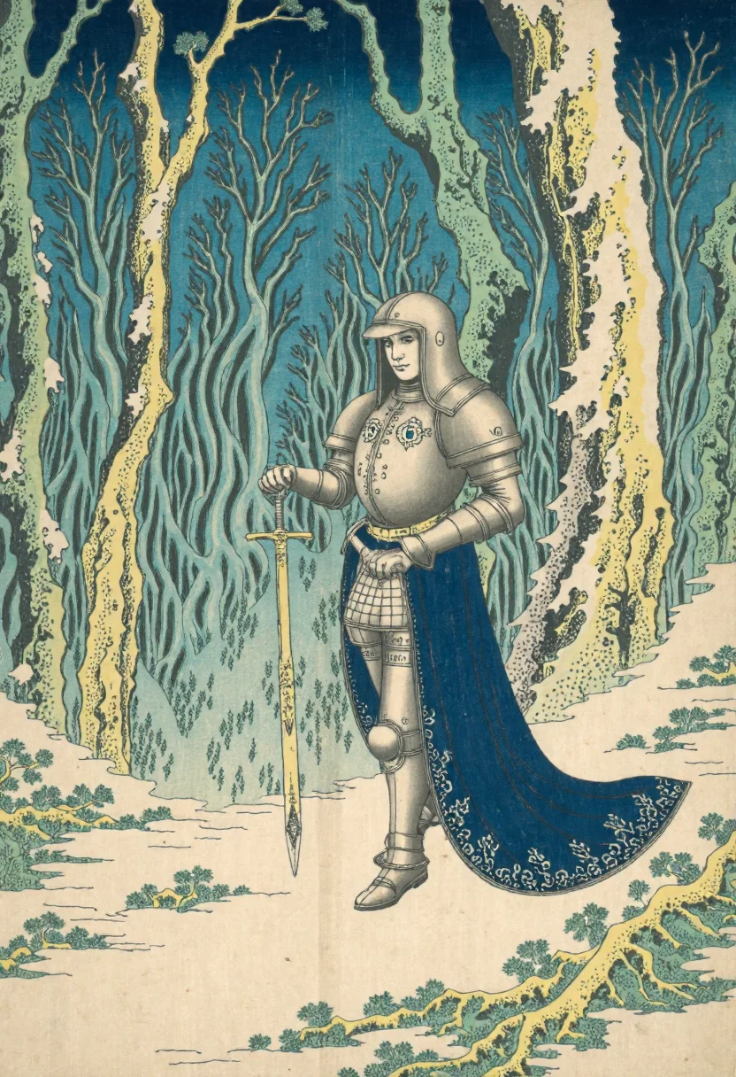 Ukiyo-e style by Katsushika Hokusai of a medieval knight standing in a snow-covered forest, the knight is clad in a full suit of armor, predominantly silver with intricate gold and blue designs, the armor covers the entire body, including a helmet with a visor that allows the viewer to see through, the helmet is adorned with a blue gemstone at the center, adding a touch of elegance and mystery to the piece, the sword held in the knight's right hand is intricately designed with a golden hilt and a long, flowing cape that drapes elegantly over his left shoulder, the background is a dense forest with tall, thin trees covered in snow, creating a serene yet mystical atmosphere, the ground is covered in a blanket of snow, adding to the cold, wintery feel of the scene, the overall color palette is dominated by cool tones, with the silver armor standing out against the muted greens and browns of the trees<lora:CustomFlux/Katsushika_Hokusai.safetensors:1.0:1.0>