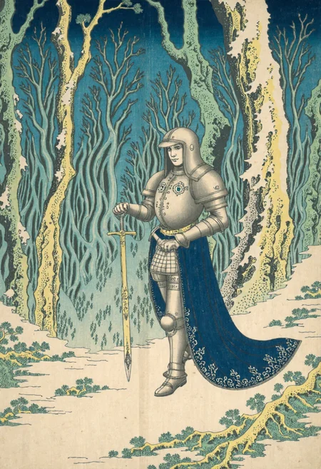 Ukiyo-e style by Katsushika Hokusai of a medieval knight standing in a snow-covered forest, the knight is clad in a full suit of armor, predominantly silver with intricate gold and blue designs, the armor covers the entire body, including a helmet with a visor that allows the viewer to see through, the helmet is adorned with a blue gemstone at the center, adding a touch of elegance and mystery to the piece, the sword held in the knight's right hand is intricately designed with a golden hilt and a long, flowing cape that drapes elegantly over his left shoulder, the background is a dense forest with tall, thin trees covered in snow, creating a serene yet mystical atmosphere, the ground is covered in a blanket of snow, adding to the cold, wintery feel of the scene, the overall color palette is dominated by cool tones, with the silver armor standing out against the muted greens and browns of the trees<lora:CustomFlux/Katsushika_Hokusai.safetensors:1.0:1.0>