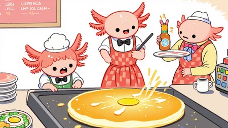 pikaole, axolotl, crayon, A group of four axolotls, all in matching diner uniforms with bowties, are busy flipping oversized pancakes on a huge griddle. One axolotl, holding a spatula almost as big as itself, is struggling to flip a pancake thatâs far too large, while another axolotl, in a red-checkered apron, watches anxiously, holding a bottle of syrup as tall as it is. The third axolotl, in a white paper hat, is at the register, standing on a stack of menus to reach the buttons. The last axolotl, in a yellow apron, rushes around with plates balanced on its tiny arms, trying not to drop anything as the bustling diner fills with orders., happy axolotls<lora:Axomodel_Flux_V1.1.safetensors:0.85:0.85> <lora:Pikaole v2 (FLUX)_v2_E6.safetensors:0.75:0.75> <lora:qiu_crayon.safetensors:0.8:0.8>