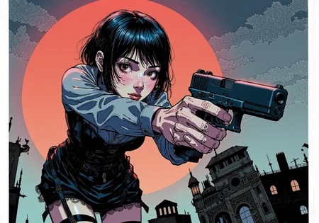 detailed digital illustration of a goth young woman aiming G17Model glock handgun, wearing leather corset, lace mini skirt, detailed background, Colored JJK Manga Style, (Mangaka style:0.5)<lora:Jujutsu_Kasien_Colored_Manga-000001.safetensors:1.0:1.0> <lora:Glock (G17)_epoch_12.safetensors:1:1> <lora:Mangaka V2.safetensors:0.5:0.5>