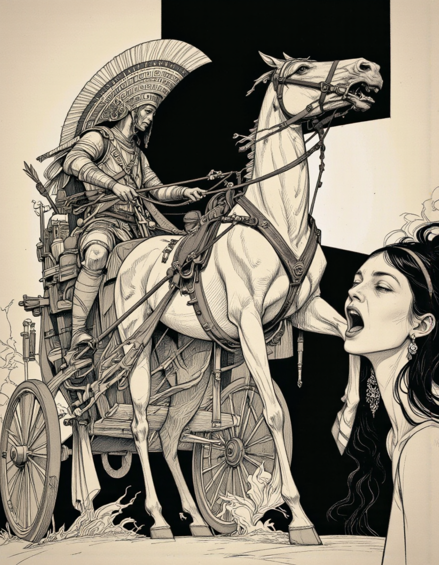 Art by Paco Gimenez. A black and white, minimalist illustration from a below camera angle, featuring a stylized illustration of a warrior on a horse-drawn chariot with a large, ornate headdress and armor. the warrior is positioned on the left side of the image, holding a bow and arrow, while the horse is on the right side, positioned in the middle of the frame. the horse has a muscular build and a fierce expression, with its mane and tail flowing in the wind. on the bottom right corner, a woman with long, flowing hair and earrings is depicted with her mouth open, her face contorted in a scream. the woman appears to be in her mid-twenties, with her eyes closed and her mouth slightly open, as if she is screaming. the background is a simple, minimalist design with a black square in the center, adding to the overall minimalist aesthetic of the illustration.