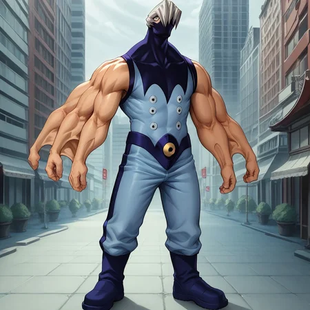 score_9, score_8_up, score_7_up, detailed, mezoshoji, 1boy, solo, full body, mask, extra arms, muscular, grey hair, hero suit, standing, BREAK, city