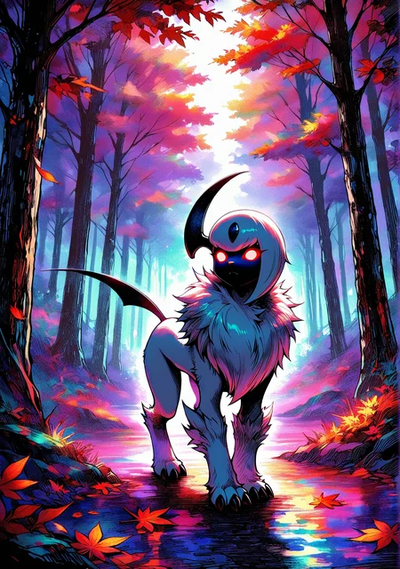 masterpiece,best quality,amazing quality, csdb, hatching (texture), FMIXF2, trineal, hued shading, vibrant shading, hued shadows, detailed fur, absol, solo, dark forest, leaves, trees, colorful fog, glowing eyes