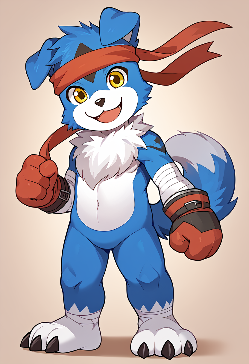 high res, best quality, gaomon_digimon, furry, headband, solo, 1boy, happy, smiling, yellow eyes, full body, looking at viewer, <lora:Gaomon_Digimon:1>