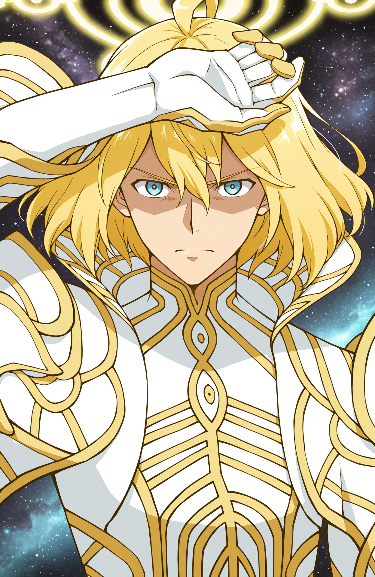 zanza_outfit, zanza_halo, zanza,
1boy, solo,
upper body, close-up, hand over head, looking at viewer,
shaded face, serious, closed mouth,
outer space,
anime style,
<lora:[Char - IL] Xenoblade - Zanza [+Clothes] (R1E14):1>