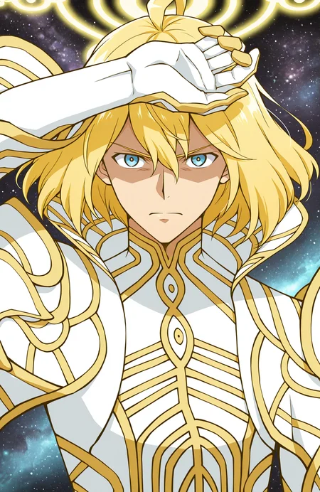 zanza_outfit, zanza_halo, zanza,
1boy, solo,
upper body, close-up, hand over head, looking at viewer,
shaded face, serious, closed mouth,
outer space,
anime style,
<lora:[Char - IL] Xenoblade - Zanza [+Clothes] (R1E14):1>