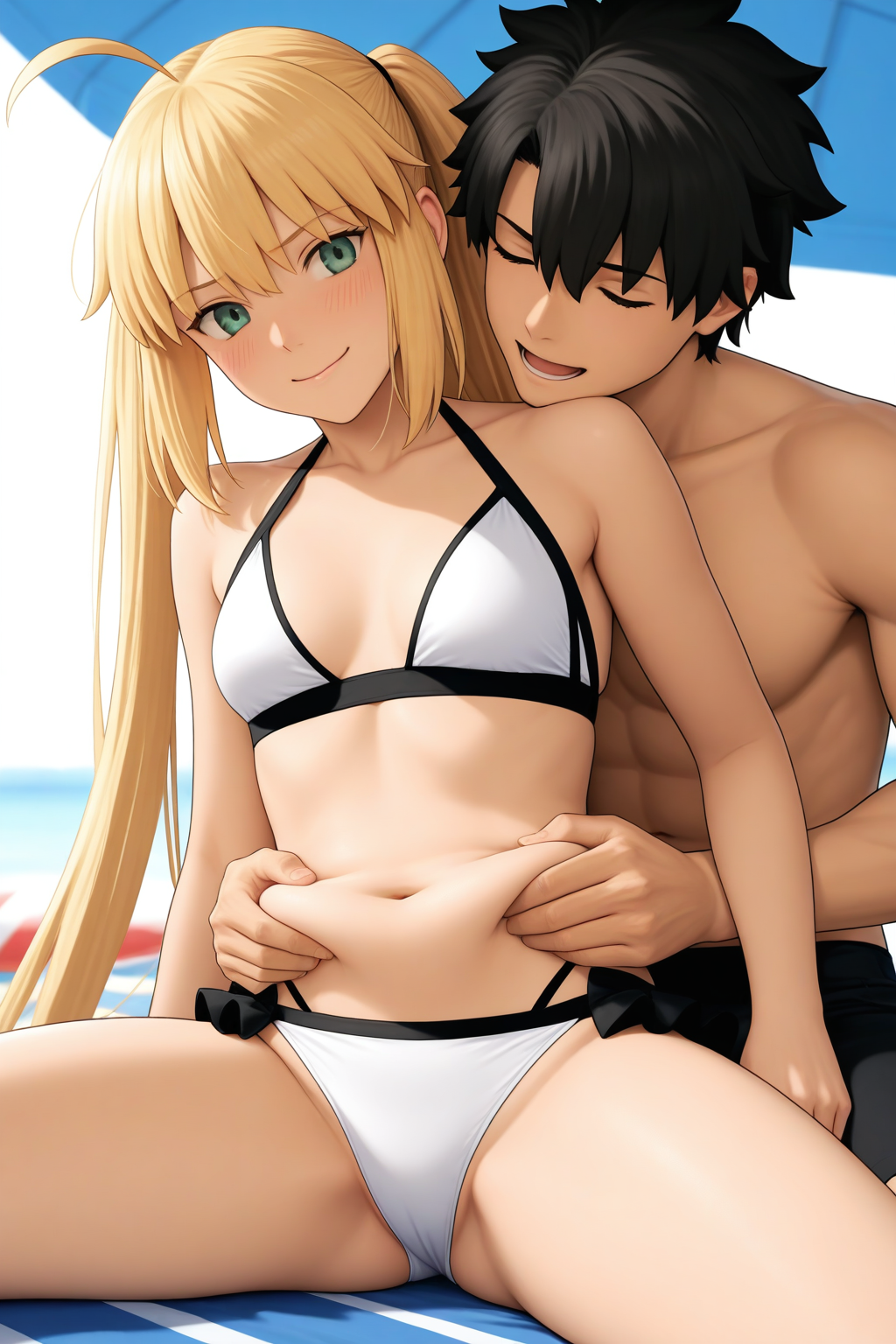 masterpiece, best quality, amazing quality, very aesthetic, absurdres, ultra detailed, artoria caster \(fate\), artoria caster \(swimsuit berserker\) \(fate\), artoria caster \(swimsuit berserker\) \(first ascension\) \(fate\), artoria pendragon \(fate\), fujimaru ritsuka \(male\), fate \(series\), 1boy, 1girl, ahoge, belly grab, bikini, blonde hair, breasts, green eyes, long hair, navel, small breasts, smile, solo focus, stomach, swimsuit, twintails, very long hair, white bikini