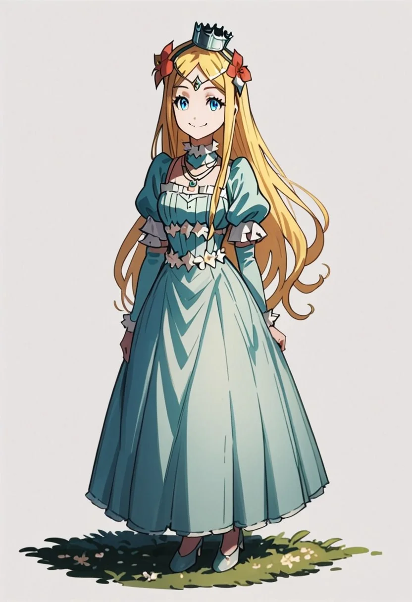 score_9, score_8_up, score_7_up, score_6_up, score_5_up, score_4_up, detailed face, princess renner, 1girl, flower,crown, hair flower, solo, blonde hair, long hair, blue eyes, puffy sleeves, hair ornament,full body,standing,smile