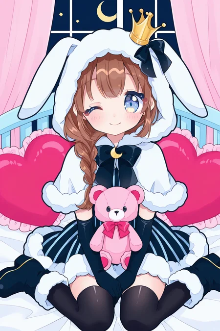 <lora:Tasuki6918:1>, Tasuki6918, 1girl, one eye closed, gloves, stuffed animal, black gloves, stuffed toy, solo, crown, smile, fur trim, thighhighs, pillow, crescent, hood, sitting, heart, dress, heart-shaped pillow, looking at viewer, moon, capelet, wariza, boots, ;\), mini crown, black thighhighs, hair over shoulder, striped clothes, animal hood, bow, striped dress, rabbit hood, bed, stuffed rabbit, single braid, elbow gloves, on bed, crescent moon, indoors, teddy bear