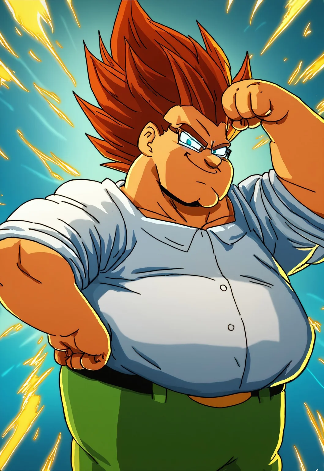 <lora:PeterGriffinPony1.0 (1):1>peter, glasses, fat, 1boy, white shirt, solo, brown hair, green pants, belt, smile, looking at viewer, hand on own hip, cowboy shot,, score_9, score_8_up, score_7_up, score_6_up, score_5_up, score_4_up, super saiyan hair, glowing eyes, flexing arms, power stance, super saiyan armor, power burst, energy exploding,. lightning bolts,((fat man,cleft chin))